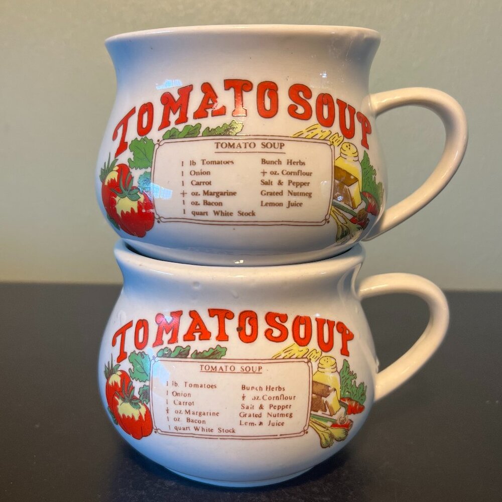 Vintage TOMATO SOUP Recipe Ceramic Soup Mugs Bowls Country Kitchen Set of 2